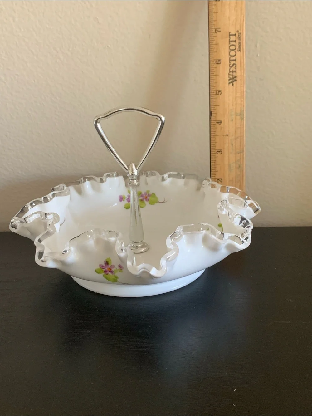 Vtg Fenton Violets in the Snow Milk Glass Candy Bon Bon Dish Signed M. Dickinson